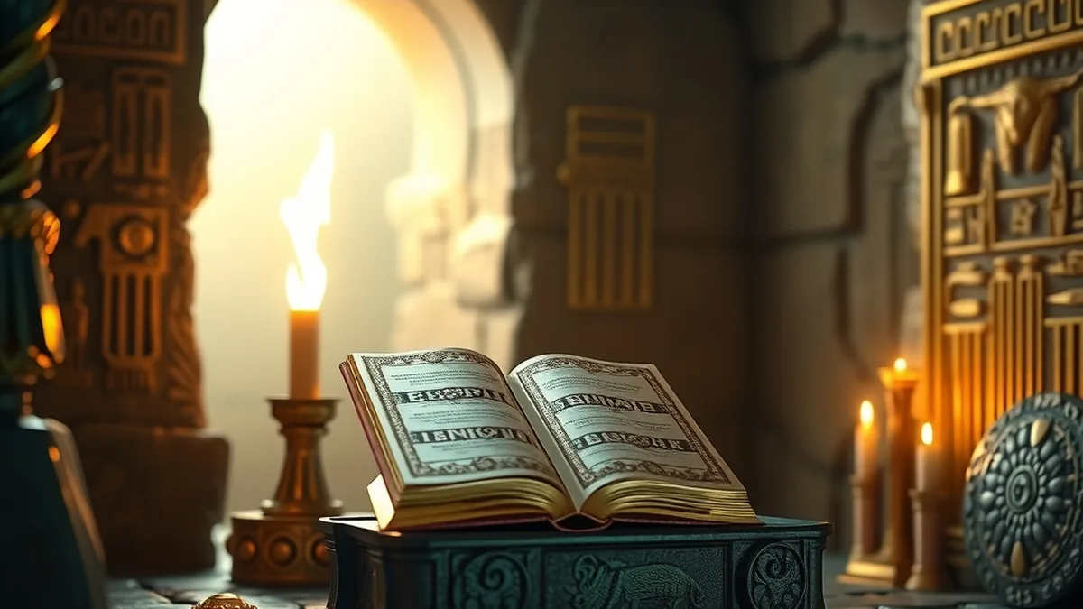 Golden book on a pedestal inside an Egyptian tomb inspired by Book of Dead