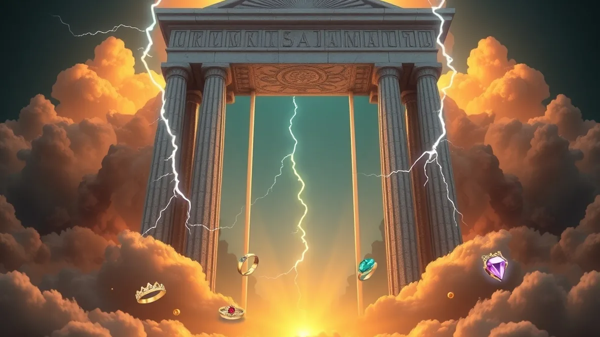 Marble gates among clouds with lightning and gems inspired by Gates of Olympus