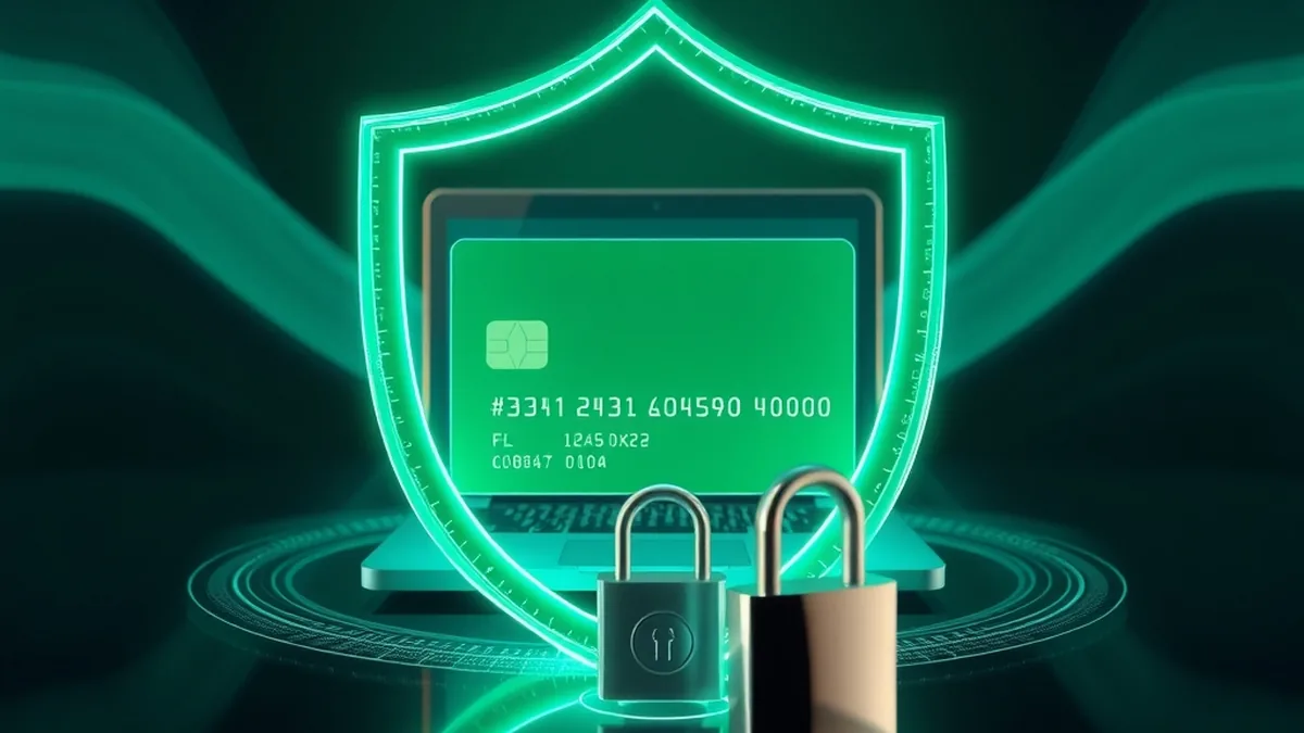 Emerald shield protecting a bank card and laptop showing safe payments