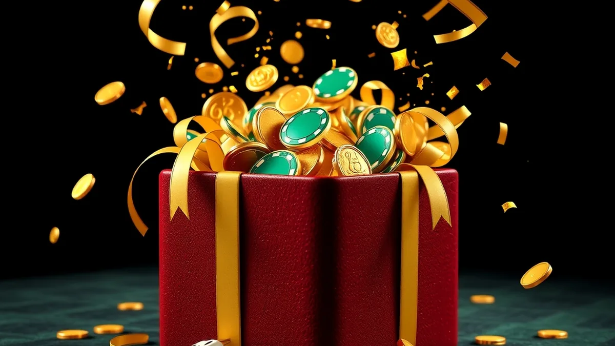 Open gift box with casino chips and confetti illustrating a welcome bonus