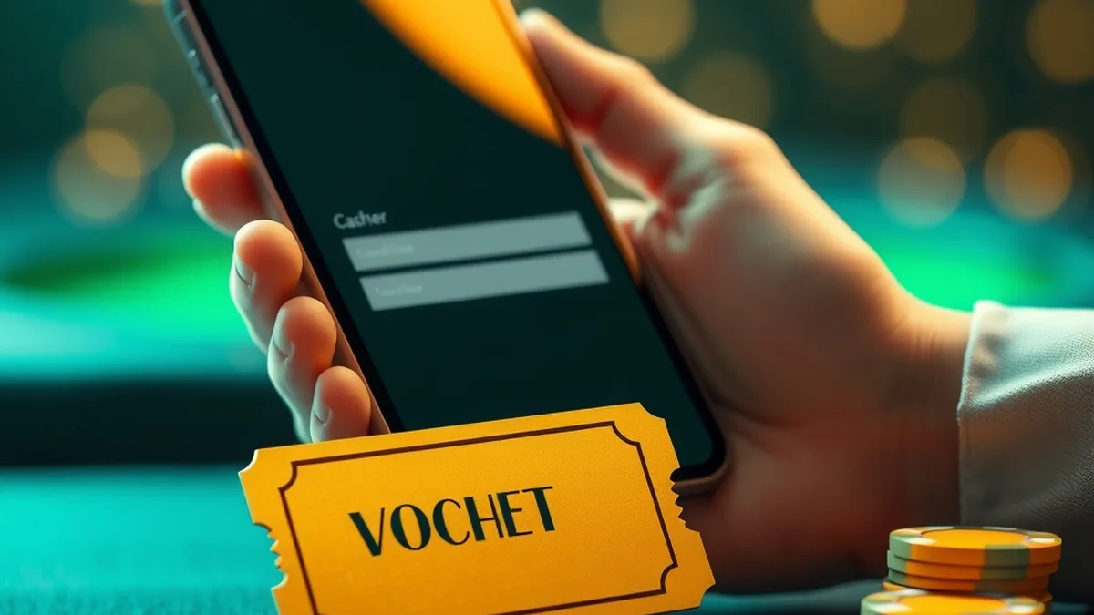 Smartphone cashier screen and blank golden voucher for redeeming a Tucan Casino promo code