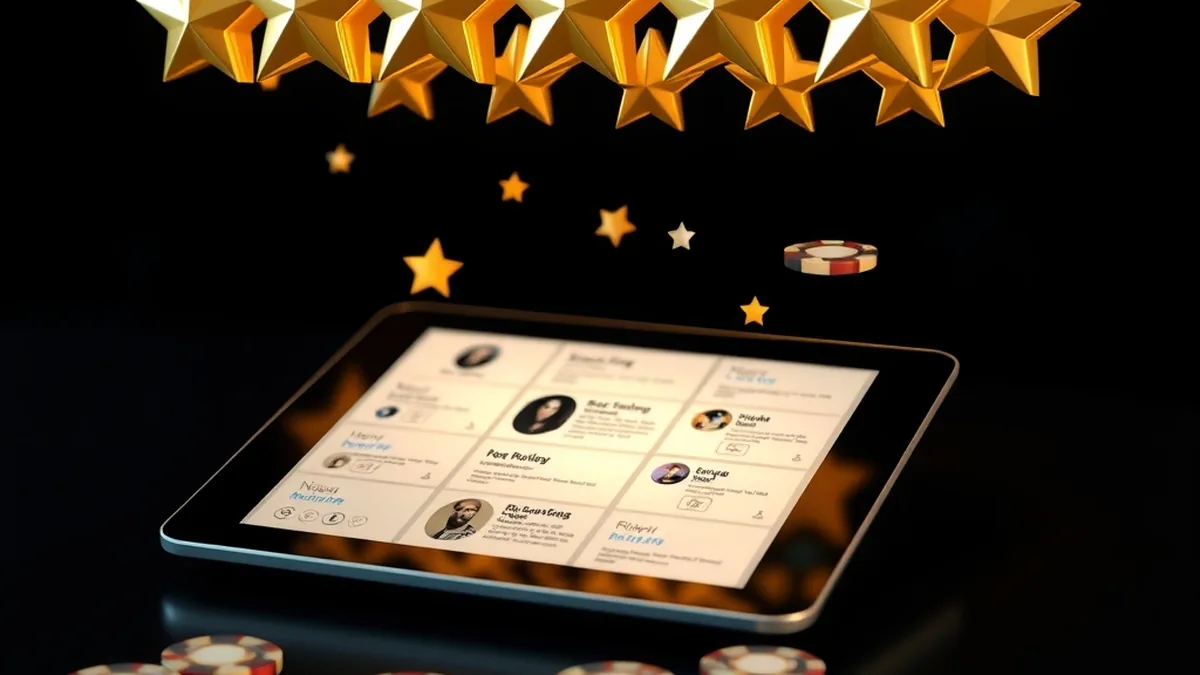 Tablet with blurred review cards and glowing golden stars for Tucan Casino reviews
